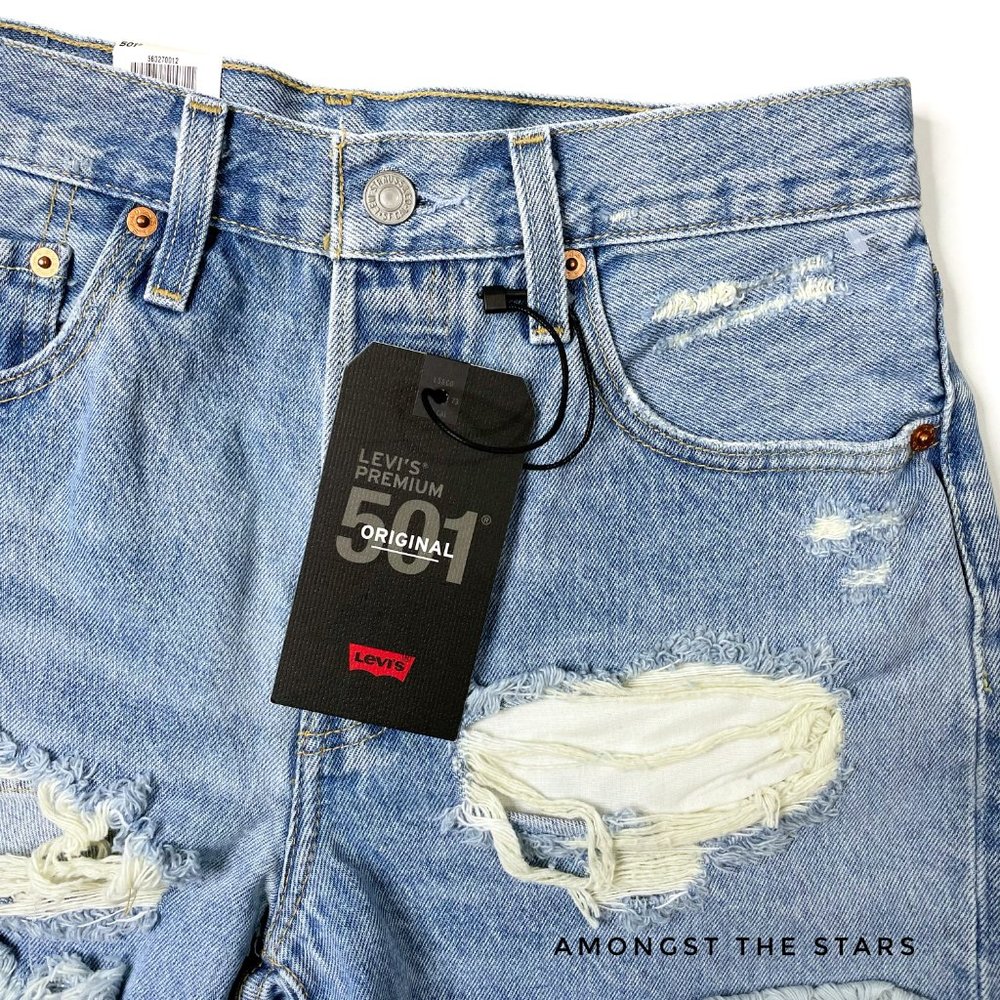 Levi's 501 Fault Line High Rise Blue Distressed Denim Shorts - Picture 2 of 13
